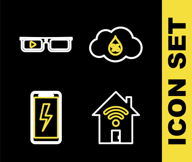 设置线湿度，智能家居与wi-fi，移动充电电池和眼镜图标。向量图片下载