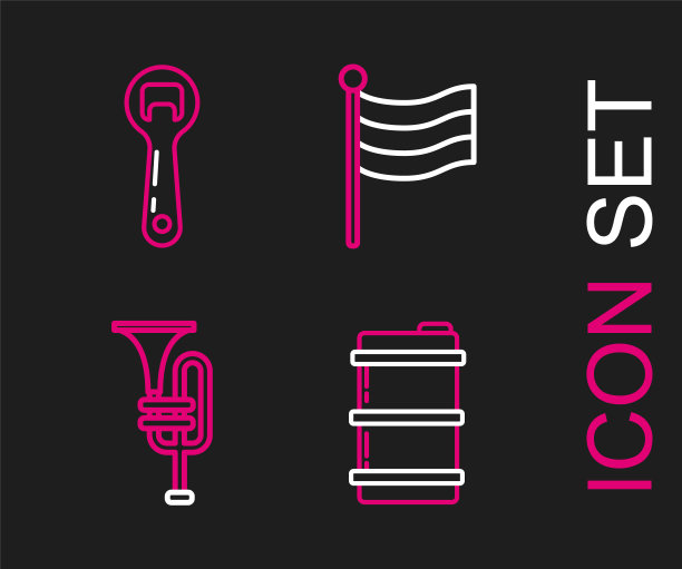 设置线金属啤酒桶，乐器小号，德国国旗和开瓶器图标。向量图片下载