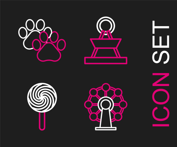 设置线摩天轮，棒棒糖，吸引旋转木马和爪印图标。向量图片下载