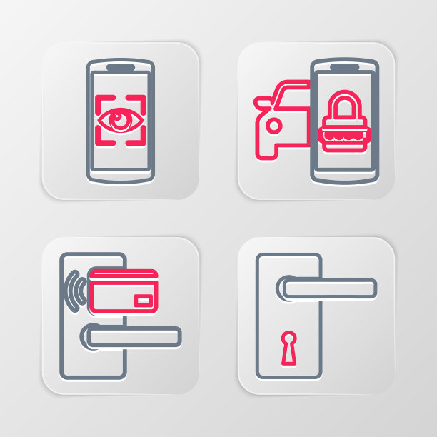 设置线门把手，无线数字门锁，智能汽车安全系统和移动眼睛扫描图标。向量图片下载