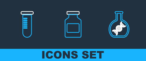 设置行DNA研究，搜索，试管或烧瓶和药瓶图标。向量图片下载