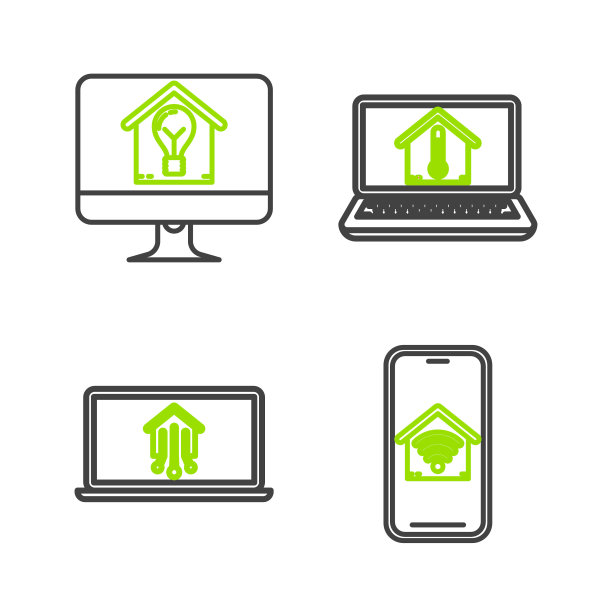 设置线手机与智能家居与wi-fi，笔记本电脑，室内温度和电脑显示器和灯泡图标。向量图片下载