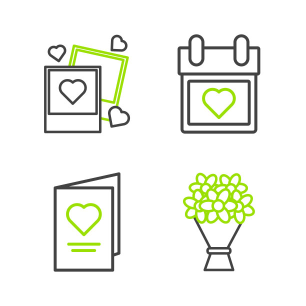 设置线花束，情人节派对传单与心脏，日历和两个空白相框和心脏图标。向量图片下载
