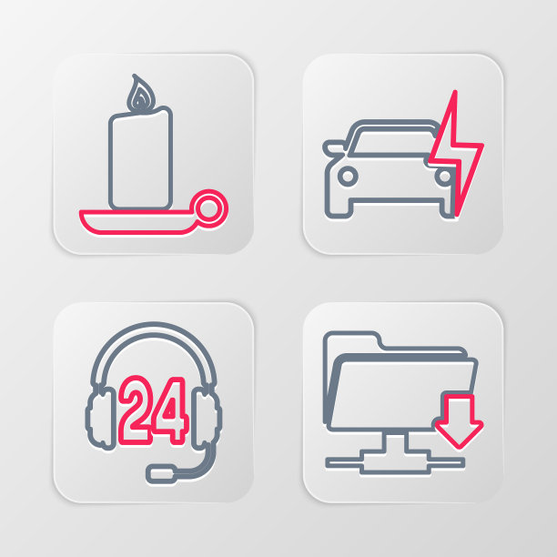 设置线FTP文件夹下载，耳机支持，电动汽车和燃烧的蜡烛在烛台图标。向量图片下载