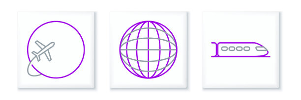 设置线火车，地球与飞行飞机和地球图标。向量图片下载
