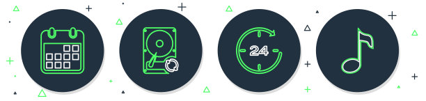 设置线硬盘驱动器HDD同步刷新，时钟24小时，日历和音乐笔记，音调图标。向量图片下载