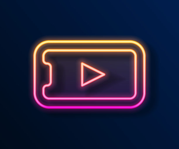发光的霓虹灯线在线播放视频图标孤立的黑色背景。带有游戏标志的智能手机和电影条。向量图片下载