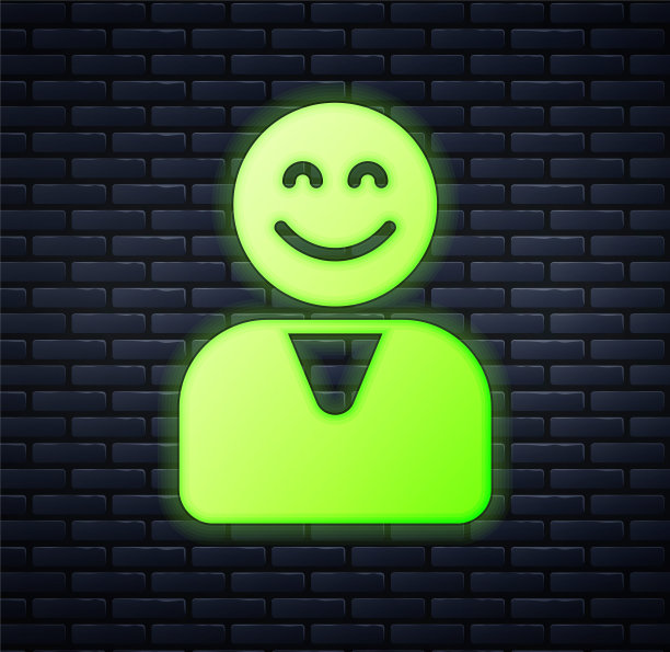 发光的霓虹灯快乐的客户图标孤立的砖墙背景。向量图片下载