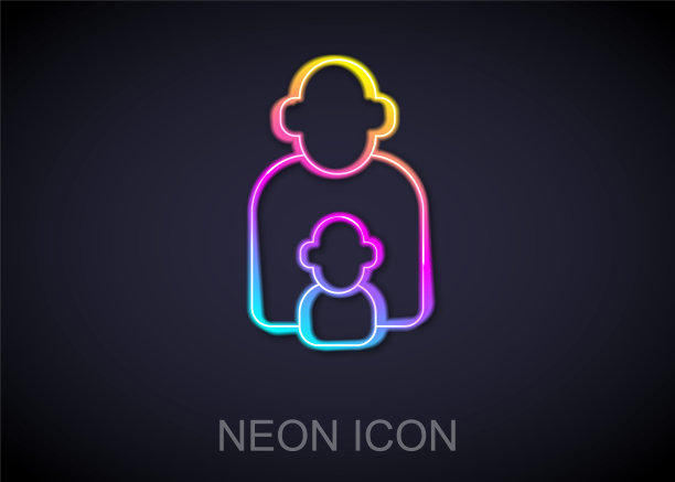 发光的霓虹线照顾孩子图标孤立的黑色背景。向量图片下载