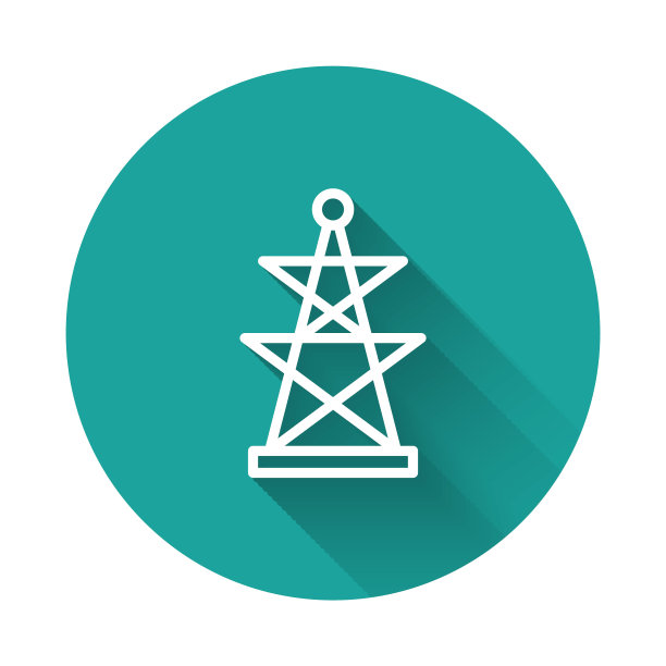 白线电力塔用于支持与长阴影背景隔离的架空电力线图标。高压电源线。绿色圆形按钮。向量图片下载