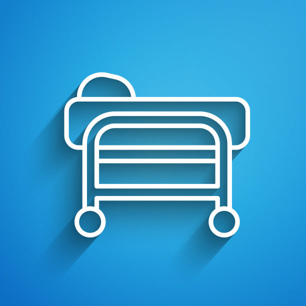 白色线担架图标隔离在蓝色背景。病人医院医疗担架长长的阴影。向量图片下载