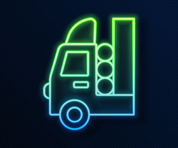 发光的霓虹灯线油箱为车辆图标孤立的蓝色背景。汽油箱安装在汽车里。向量图片下载