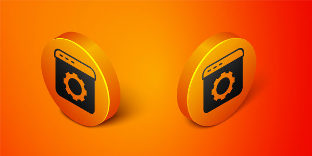 等距浏览器设置图标隔离在橙色背景。调整、保养、保养、修理、修理。橙色圆圈按钮。向量图片下载