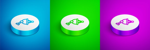 等距线卫星天线图标隔离在蓝色，绿色和紫色背景。无线电天线、天文学和空间研究。白色圆圈按钮。向量图片下载