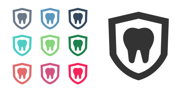 黑色牙齿保护图标隔离在白色背景。盾牌上的牙齿标志。设置图标彩色。向量图片下载