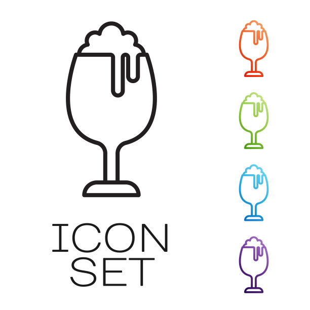 黑线玻璃啤酒图标孤立在白色背景。设置图标彩色。向量图片下载