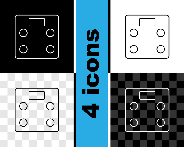 设置线浴室鳞片图标隔离在黑白，透明的背景。重量测量设备。体重秤健身运动概念。向量图片下载