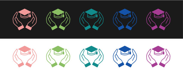 设置教育补助金图标孤立的黑色和白色的背景。学费、理财教育、预算基金、奖学金计划、毕业帽。向量图片下载