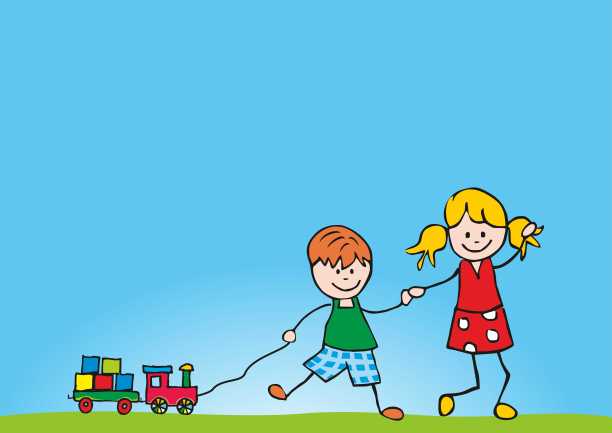 两个微笑的孩子与玩具，机车与货车，矢量概念插图，eps。图片下载