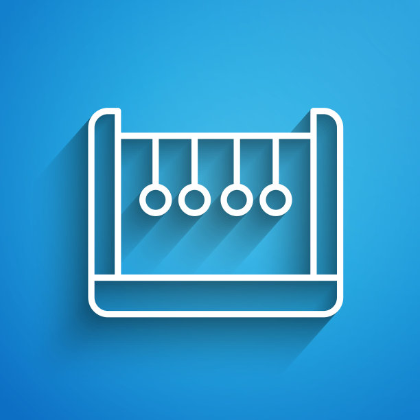 白线钟摆图标孤立在蓝色背景。牛顿的摇篮。长长的阴影。向量图片下载