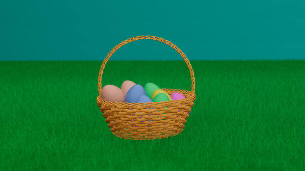复活节彩蛋在草地上的篮子，3d动画。绿草地上的圆篮子里装着鸡蛋。五颜六色的复活节彩蛋。明亮多彩的复活节景象。寻找复活节彩蛋图片下载