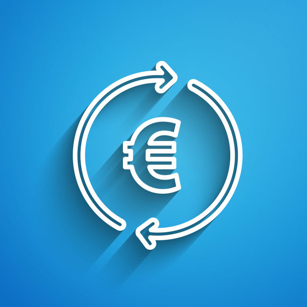 白线硬币钱与欧元符号图标隔离在蓝色背景。银行货币标志。现金的象征。长长的阴影。向量图片下载