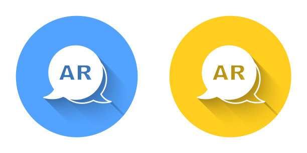 白色增强现实AR图标与长阴影背景隔离。虚拟未来可穿戴设备。圆按钮。向量图片下载