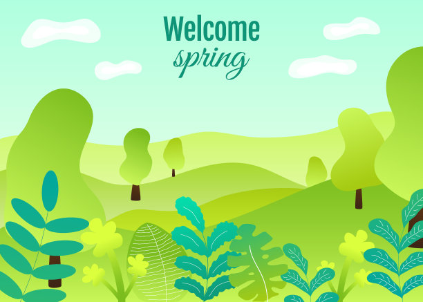 美丽的田野景观带着黎明的曙光，青山绿水，天空湛蓝，背景在平上风格。山泉景观平坦。矢量背景横幅。山的风景。图片下载