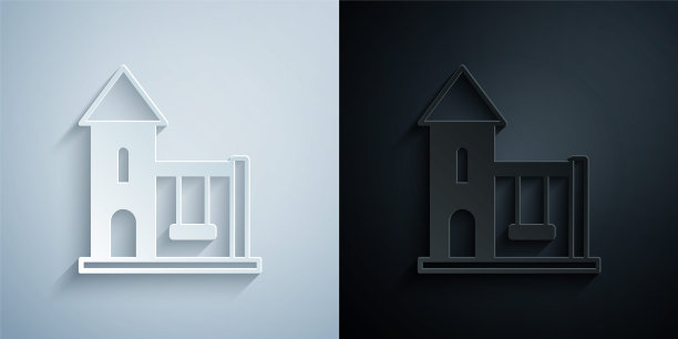 剪纸秋千为孩子们夏季游戏在操场图标孤立的灰色和黑色背景。户外娱乐设备。纸艺风格。向量图片下载