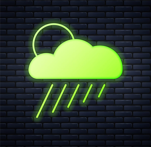发光的霓虹灯云与雨和太阳图标隔离在砖墙背景。雨云降水带雨滴。向量图片下载