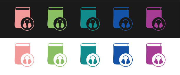 设置音频书图标隔离在黑白背景。用耳机看书。语音引导标志。在线学习概念。向量图片下载