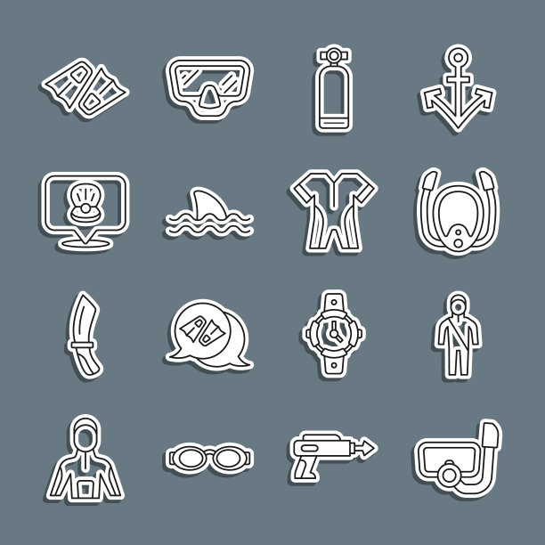 设线潜水面罩与通气管，潜水潜水潜水服，水肺，鲨鱼，扇贝海贝壳，鳍游泳和图标。向量图片下载