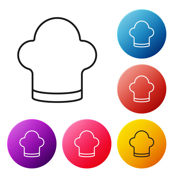 黑线厨师帽子图标孤立在白色背景。烹饪的象征。厨师的帽子。设置图标彩色圆圈按钮。向量图片下载