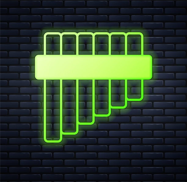 发光的霓虹灯盘长笛图标孤立的砖墙背景。传统的秘鲁乐器。来自秘鲁、玻利维亚和墨西哥的民间乐器。向量图片下载