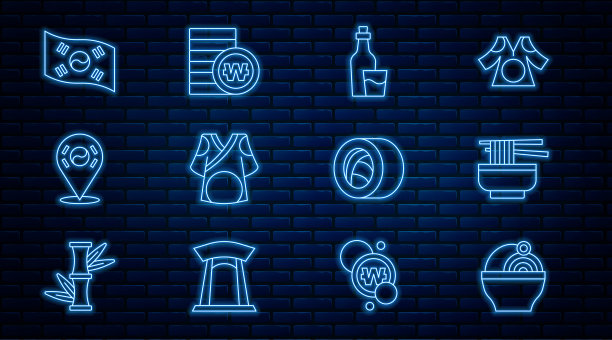 拉面，烧酒瓶，和服，地点韩国，国旗，寿司和韩币图标。向量图片下载