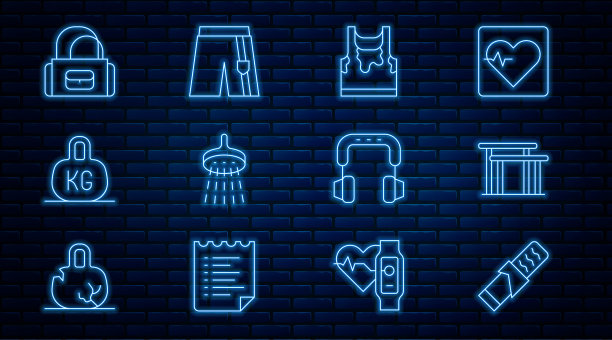 设定线蛋白质运动酒吧，高低杠，汗湿无袖t恤，淋浴，重量，运动包，耳机和短裤图标。向量图片下载