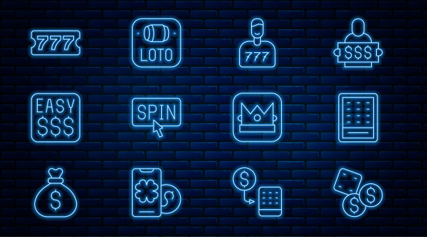 集线游戏骰子，彩票，幸运的球员，老虎机旋转按钮，奖金赌场，国王打牌和图标。向量图片下载