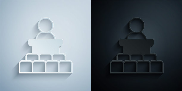 剪纸扬声器图标隔离在灰色和黑色的背景。演讲人在讲台上讲话。公众演讲。讲台上的人。纸艺风格。向量图片下载