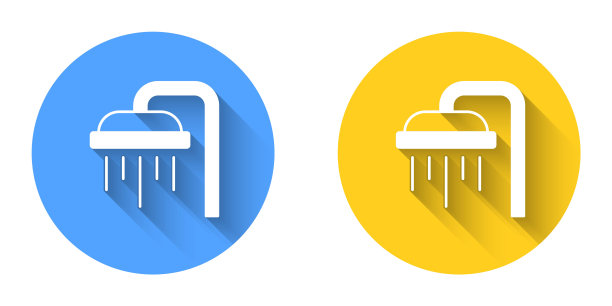 白色莲蓬头与水滴流动的图标与长阴影背景隔离。圆按钮。向量图片下载