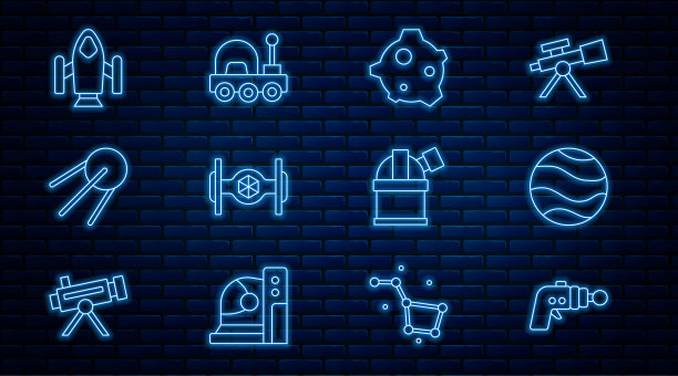 集线射线枪，行星，小行星，宇宙飞船，卫星，火箭，天文台和火星探测器图标。向量图片下载