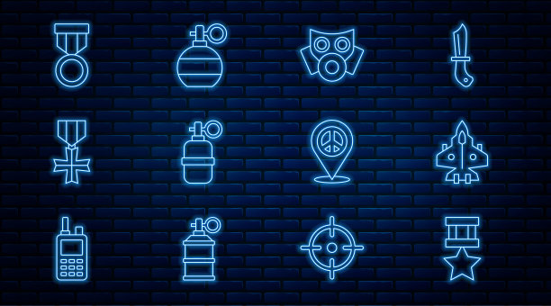 设置线军事奖励奖章，喷气式战斗机，防毒面具，手榴弹，位置和平和图标。向量图片下载