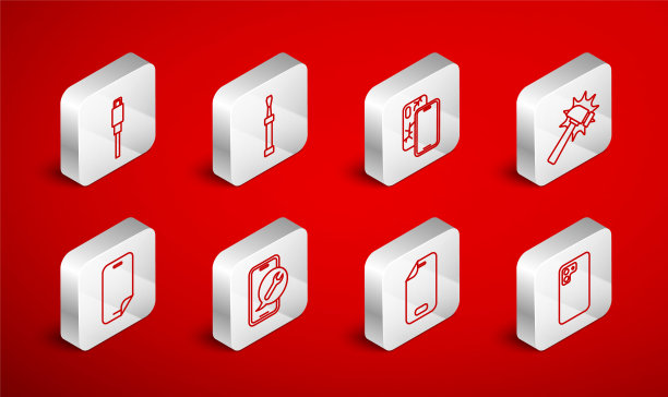 集线智能手机，螺丝刀，手机破碎屏幕，锤子，玻璃保护器，USB电缆线，服务和图标。向量图片下载