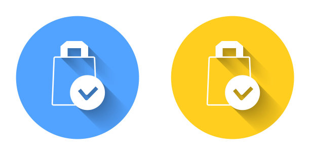 白纸购物袋图标孤立与长阴影背景。包的迹象。圆按钮。向量图片下载