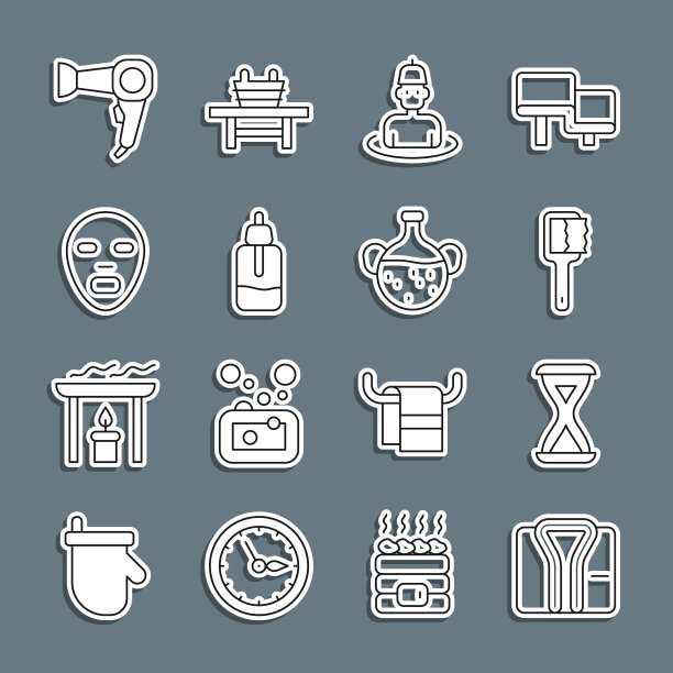 系列浴袍，桑拿沙漏，刷子，桑拿男士，精油瓶，面膜，吹风机和图标。向量图片下载