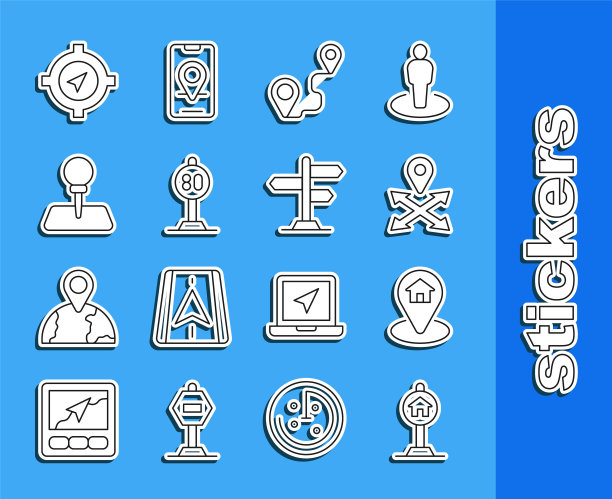 设置线酒店标志的交通，位置与房子，路线位置，速度限制，推销，指南针和道路图标。向量图片下载