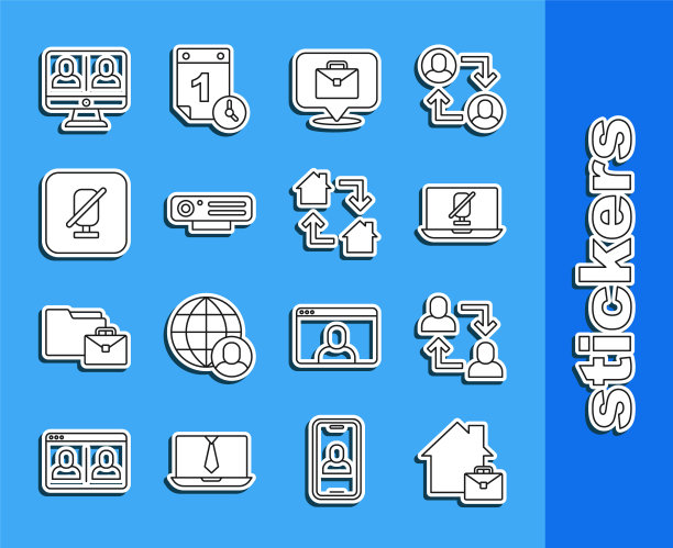 在线工作，项目团队基地，笔记本静音麦克风，网络摄像头，视频聊天会议和图标。向量图片下载