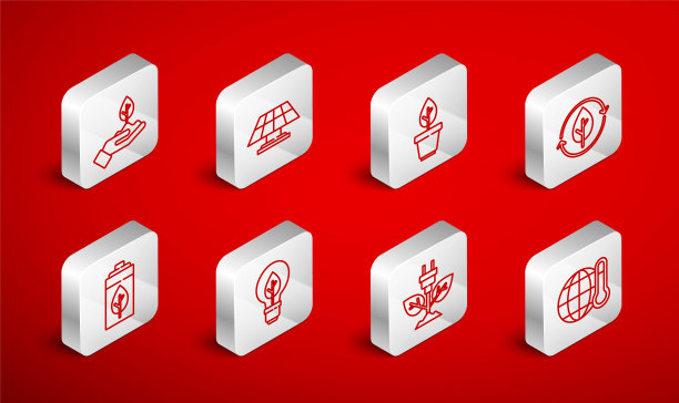 全球变暖，太阳能板，花盆，回收和叶片，节电插头，手，灯泡与生态自然电池图标。向量图片下载