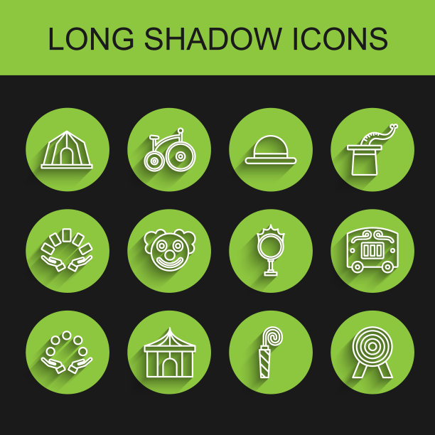 设线杂耍球，马戏团帐篷，生日派对号角，目标，小丑头，马车和火箍图标。向量图片下载