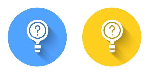 白色未知搜索图标孤立与长阴影背景。放大镜和问号。圆按钮。向量图片下载