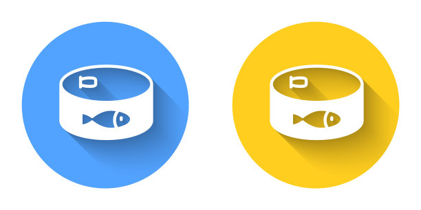 白色罐头鱼图标孤立与长阴影背景。圆按钮。向量图片下载